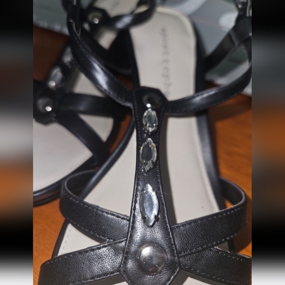 Chunky Wedge Heels Y2K Vibes Boho Ankle Buckle Sandals Cute Crystals Black 8 NWT - Picture 3 of 8